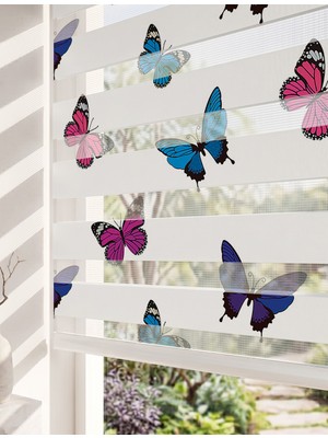 Adhome Pembe ve Mavi Kelebekler Dijital Baskılı Çocuk Odası Zebra Perde | Ölçü: 30 x 30