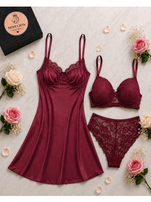 Miss Lion Lingerie 3 Parça Saten Gecelik Takımı – Dantelli Gecelik, Desteksiz Sütyen ve Dantel Külot
