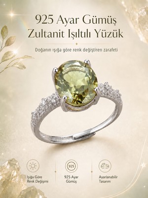 Yudi Atelier 925 Ayar Gümüş Zultanit Işıltılı Yüzük | Sevgiliye Anneye Hediye | Renk Değiştiren Sultan Taşı | Ayarlanabilir Yüzük