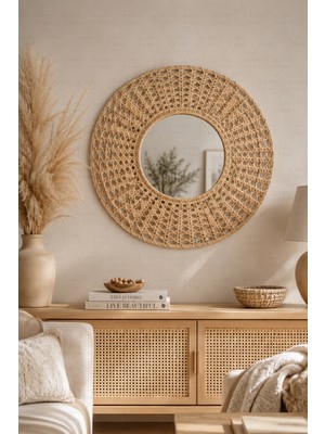 Naturel Dekor Rattan Hazeran Örme Dekoratif Ayna 55 cm, Bohem, Iskandinav, Modern, Hasır, Bambu