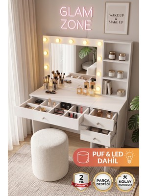 Robin Home Hollywood Makyaj Masası ve Puf 3 Çekmece Kapaklı Düzenleyici Raflı Hollywood LED Işıklı Puf Dahil Beyaz