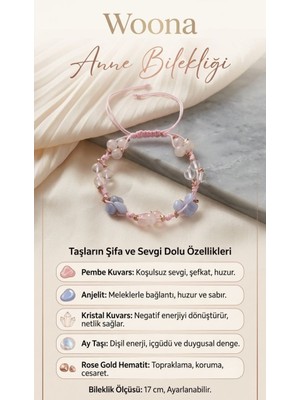Woona Anne Bilekliği Şifa ve Sevgi Enerjili & Saf Sevgi ve Şefkat Pembe Kuvars - Anjelit ( Melek Taşı ) & Kristal Kuvars & Ay Taşı & Hematit El Yapımı Ayarlanabilir Özel Tasarım Premium Doğal Taş Bileklik