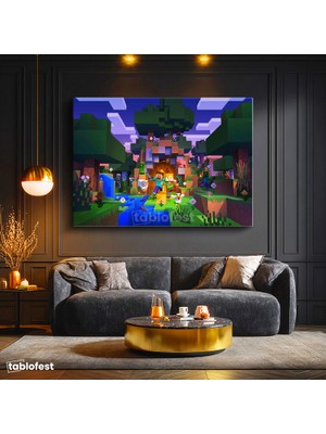 Tablofest Yatay Kanvas Tablo Gece Kampı Minecraft Tablosu Ev Ofis Salon Duvar Dekoru