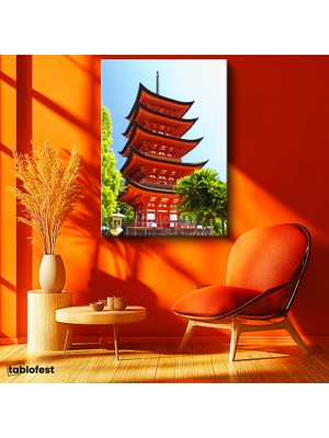 Tablofest Dikey Kanvas Tablo Kırmızı Japon Tapınağı Pagoda Şehir Mimari Tablo Ev Ofis Duvar Dekoru