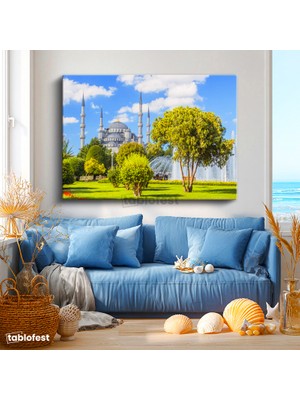 Tablofest Yatay Kanvas Tablo Sultanahmet Camii Yeşillik ve Havuz Şehir Mimari Tablo Ev Ofis Duvar Dekoru