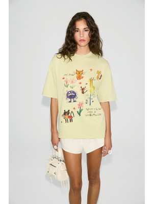 Grimelange Mıllıe Kadın %100 Organik Pamuklu Oversize Kalıp Bol Kesim Baskı ve Nakış Detaylı Yeşil T-Shirt