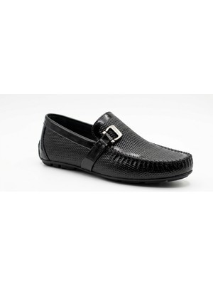 Growish GR0529 Hakiki Deri Örgü Desenli Tokalı Günlük Siyah Spor Klasik Loafer Babet Ayakkabı