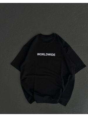 Tarz Yeri Kadın Baskılı T-Shirt Kısa Kol Bisiklet Yaka Oversize Rahat Kalıp Günlük Tişört   - Siyah