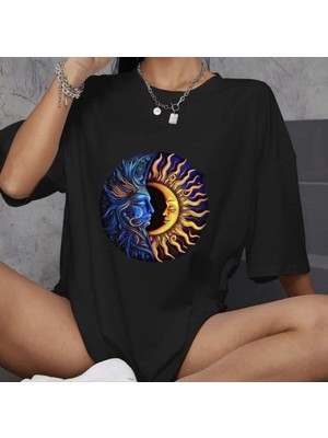 Kadın Baskılı T-Shirt Kısa Kol Bisiklet Yaka Oversize Rahat Kalıp Günlük Tişört   - Siyah