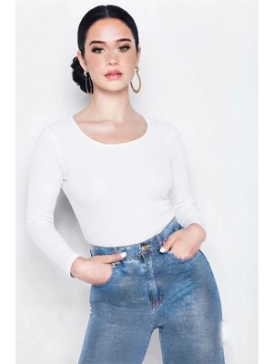 CHEISU Kadın Beyaz Uzun Kollu Yuvarlak Yaka T-Shirt Bluz Kaşkorse Fitilli