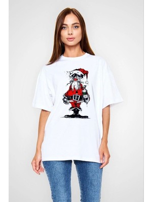 Tarz Yeri kadın Bisiklet Yaka Baskılı  Kısa kol Oversize T-Shirt - Beyaz