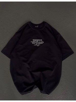 Velmora Fashion Kadın Baskılı T-Shirt Kısa Kol Bisiklet Yaka Oversize Rahat Kalıp Günlük Tişört   - Siyah
