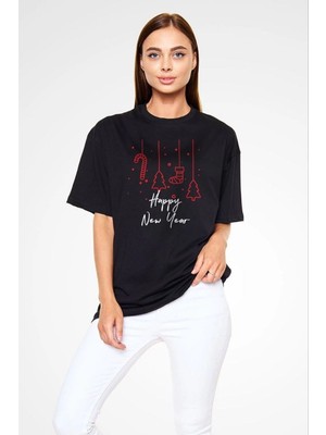 Tarz Yeri kadın Bisiklet Yaka  Kısa kol Baskılı Oversize T-Shirt - Siyah