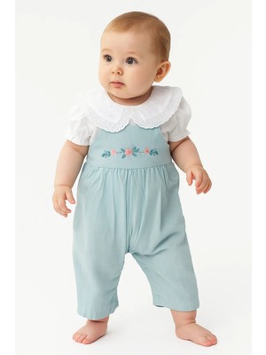 Babys Tasarım Fisto Yaka Gömlek Çiçek Nakışlı Salopet Tulum 2'li Takım Mint Yeşili Kız Bebek Kıyafeti