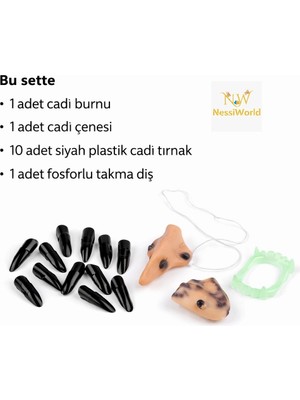 Uravas Store Mey Ithalat® Cadı Aksesuar Seti – Burun, Çene, Fosforlu Diş ve 10 Adet Siyah Tırnak