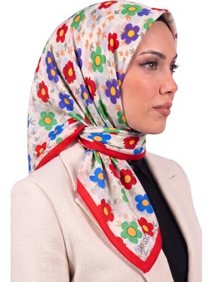 Hadiora Ekru Kırmızı Çiçek Desenli Organik Pamuk Soft Eşarp