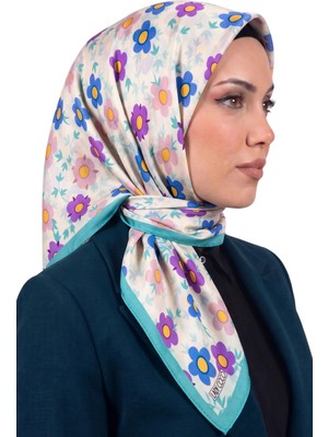 Hadiora Ekru Mavi Çiçek Desenli Organik Pamuk Soft Eşarp