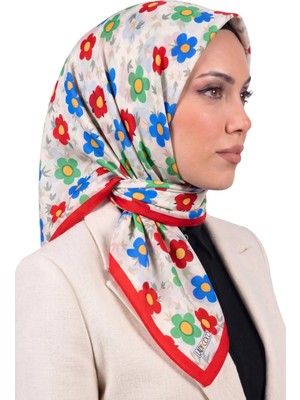 Hadiora Ekru Kırmızı Çiçek Desenli Organik Pamuk Soft Eşarp