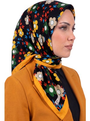 Hadiora Siyah Sarı Çiçek Desenli Organik Pamuk Soft Eşarp