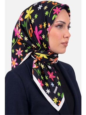 Hadiora Lady Coco Kadın Siyah Çok Renkli Papatya Desenli Organik Pamuk Soft Eşarp