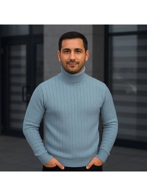 Velmora Fashion Erkek Balıkcı Yaka Bağazlı Triko Kazak Pamuklu Kalın Fitilli Dokuma, Regular Fit Uzun Kollu Kışlık Model - Bebe Mavisi