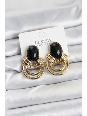 Uravas Store Pirinç Gold Renk Siyah Taşlı Vintage Kadın Küpe