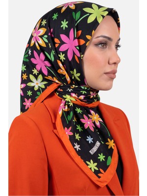 Hadiora Lady Coco Kadın Siyah Çok Renkli Papatya Desenli Organik Pamuk Soft Eşarp