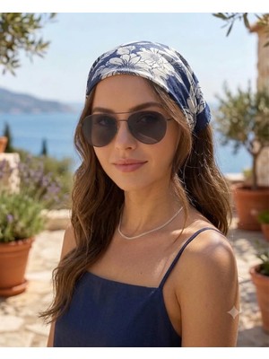 Trend Dokunuş 50-50 Saten Kadın Lacivert Çiçekli Yaprak Motifli Fular Bandana