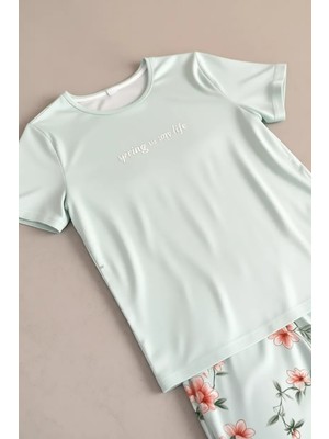 Pijama Evi Mint Spring Is My Life Çiçek Desenli Kısa Kollu Örme Kadın Pijama Takımı