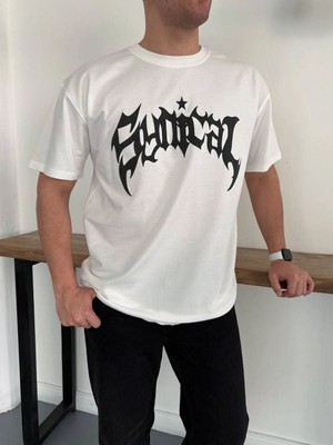 Tarz Yeri Erkek Kısa Kol Yazlık Tişört Bisiklet Yaka Baskılı Oversize T-Shirt - Beyaz