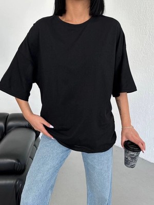 Tarz Yeri Kadın Düz T-Shirt Kısa Kol Bisiklet Yaka Oversize Tişört - Siyah