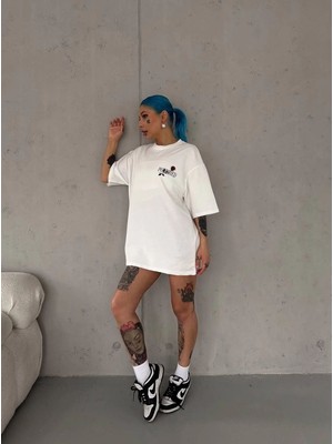 Fi Labels Kadın Bisiklet Yaka Baskılı Kısa kol Oversize T-Shirt - Beyaz