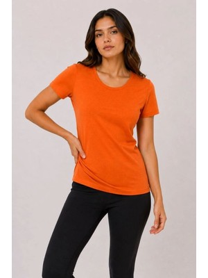 Hsc Bilişim Kadın Basic Tişört Bisiklet Yaka Kısa Kol Günlük Yazlık Slim fit T-Shirt - Turuncu