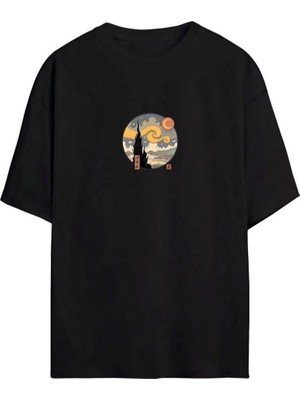 Tarz Yeri Kadın Baskılı T-Shirt Kısa Kol Bisiklet Yaka Oversize Rahat Kalıp Tişört - Siyah