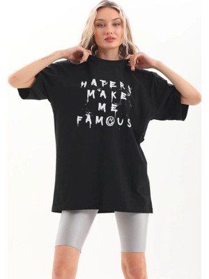 Tarz Yeri Kadın Kısa Kol Yazlık Tişört Bisiklet Yaka Baskılı Oversize T-Shirt - Siyah