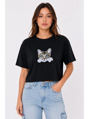 Tarz Yeri Kadın Kedi Baskılı Oversize Crop Tişört Salaş Basic Yarım Kol T-shirt - Siyah