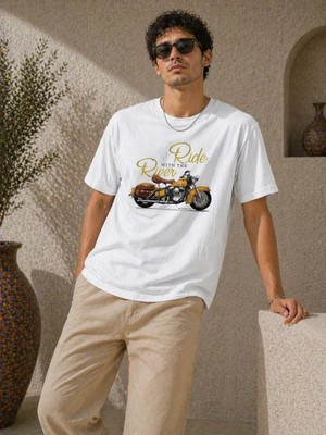 Tarz Yeri Erkek Motosiklet Baskılı Tişört Bisiklet Yaka Kısa Kol Yazlık T-Shirt - Beyaz