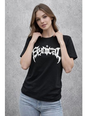Tarz Yeri Kadın Kısa Kol Yazlık Tişört Bisiklet Yaka Baskılı Oversize T-Shirt - Siyah
