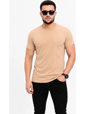 Tarz Yeri Erkek Basic Tişört Bisiklet Yaka Kısa Kol Günlük Yazlık Slim fit T-Shirt - Bej