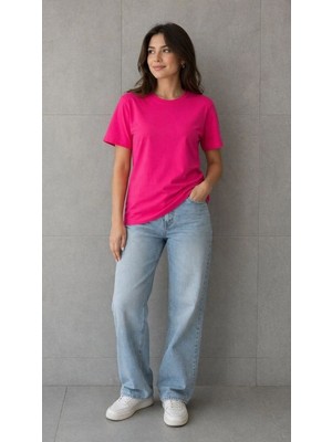 Tarz Yeri Kadın Basic Pamuklu Tişört Bisiklet Yaka Düz Renk Relaxed Fit T-Shirt - Fuşya