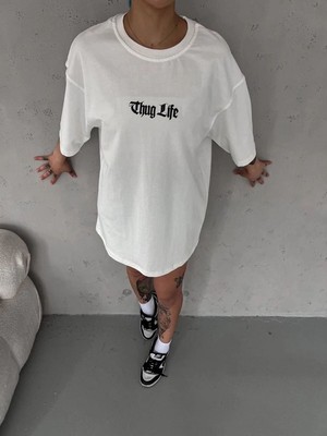 Tarz Yeri Kadın Kısa Kol Yazlık Tişört Bisiklet Yaka Baskılı Oversize T-Shirt - Beyaz