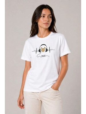 Tarz Yeri Kadın Müzik Temalı Baskılı Tişört Bisiklet Yaka Kısa Kol T-Shirt - Beyaz