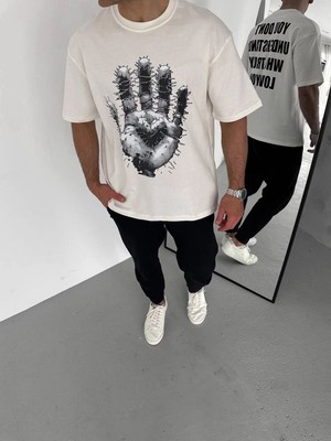 Erkek Bisiklet Yaka Baskılı Oversize T-Shirt - Beyaz