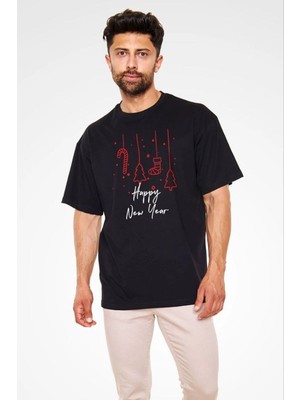Tarz Yeri Erkek Kısa Kol Tişört Bisiklet Yaka Yeni Yıl Baskılı T-Shirt - Siyah