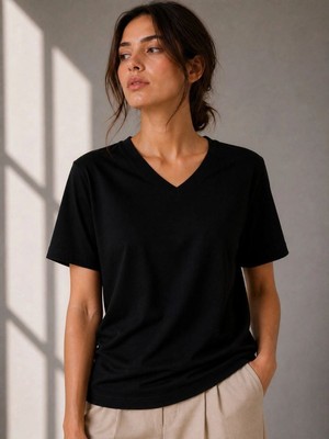 Tarz Yeri Kadın V Yaka Basic Tişört Kısa Kol Yazlık Regular Fit T-Shirt - Siyah