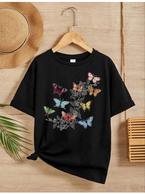 Tarz Yeri Kız Çocuk Bisiklet Yaka Baskılı T-Shirt - Siyah