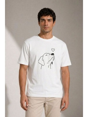 Tarz Yeri Erkek Köpek Figürlü Minimal Baskılı Tişört Kısa Kol Yazlık T-Shirt - Beyaz