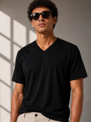 Tarz Yeri Erkek V Yaka Basic Tişört Kısa Kol Yazlık Regular Fit T-Shirt - Siyah