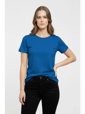 Tarz Yeri Kadın T-Shirt Bisiklet Yaka Slim Fit Likralı Tişört Yazlık Basic Body - İndigo