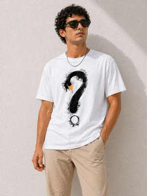 Tarz Yeri Erkek Kuğu Figürlü Soru İşareti Baskılı Tişört Kısa Kol T-Shirt - Beyaz